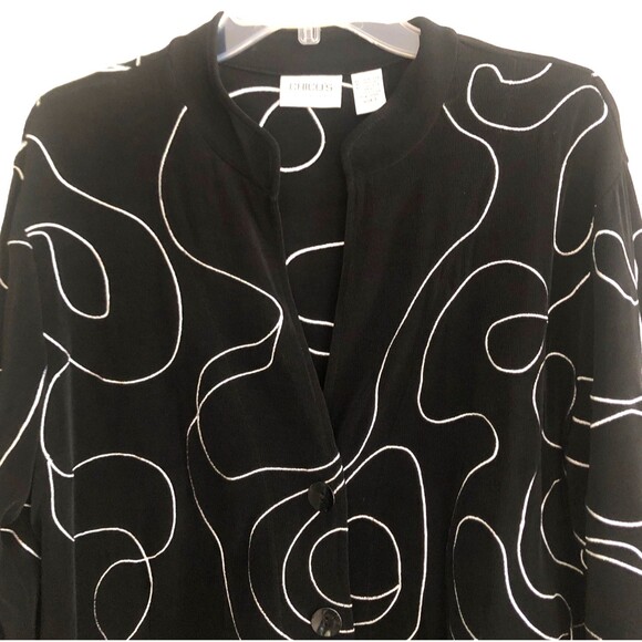 Chicos Travelers Jacket Womens Sz 3 XL Button Front Black White Embroidery Art - Picture 3 of 14